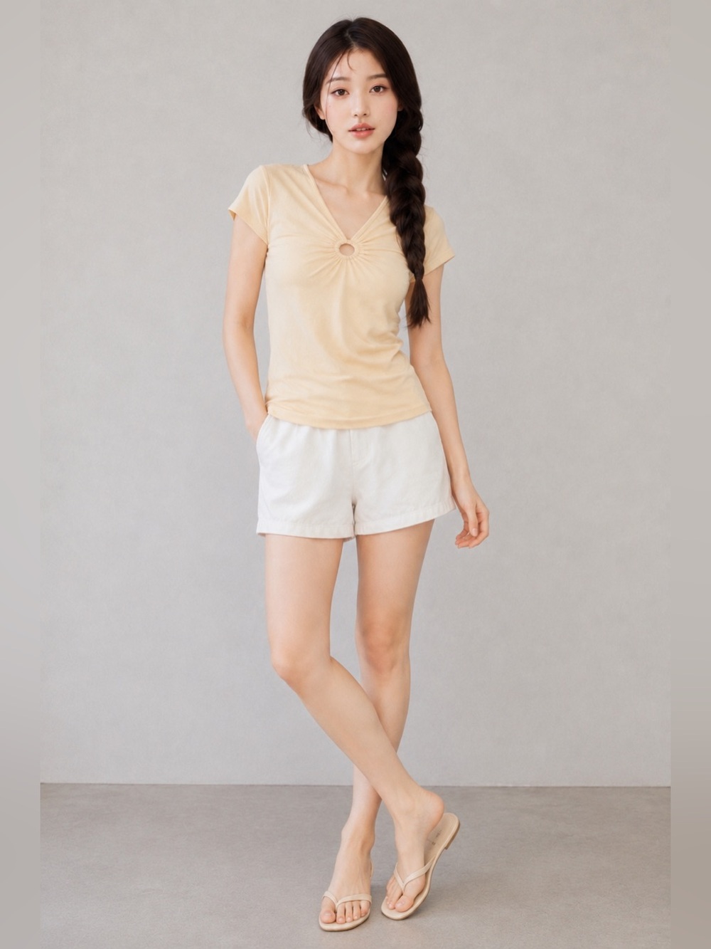 The Limited Cream Short Sleeve V-Neck Tee with Front Ring Detail